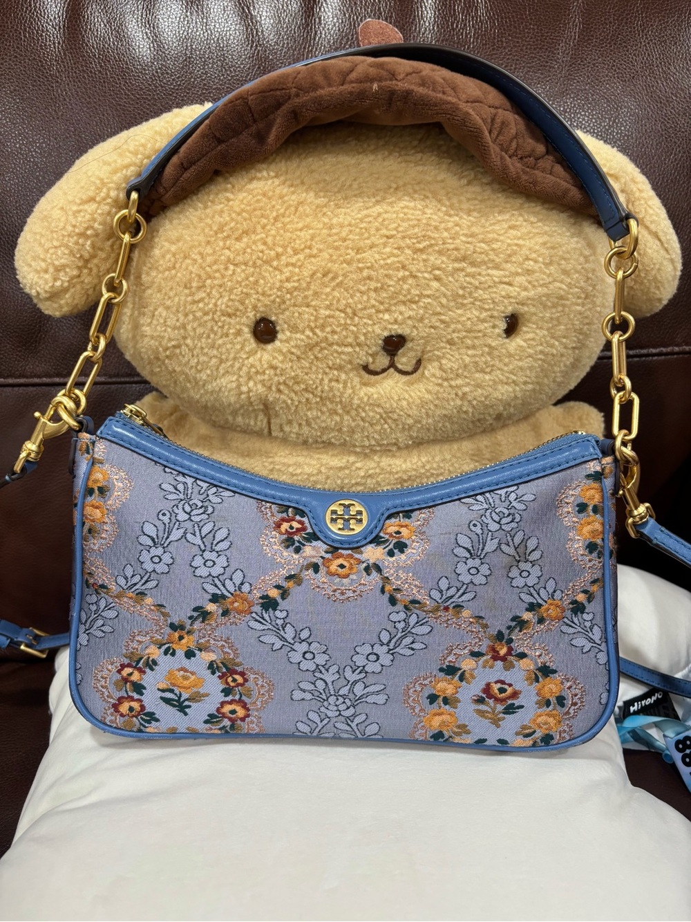 Tory Burch Blue Floral Embroidered Shoulder Bag with Gold Hardware